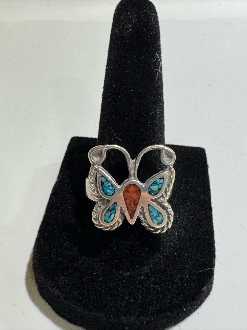 Vintage Native American Sterling Silver Natural Turquoise & Coral Butterfly Ring